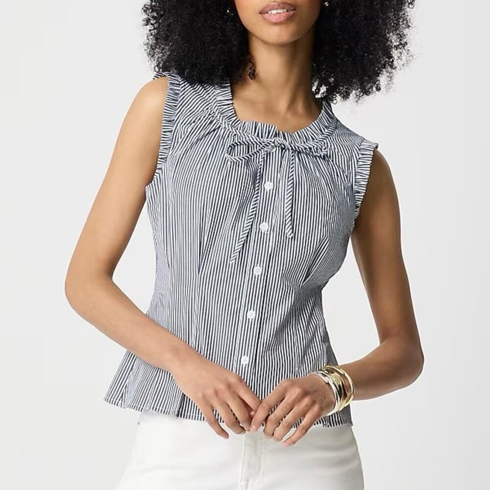 NWT J.Crew Factory Striped Ruffleneck Tie-Neck Top Antique Navy White Size 12